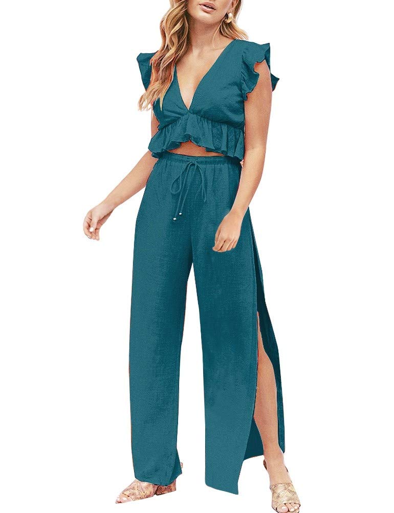 FANCYINN Womens Teal Bule Two Pieces Outfits Deep V Neck Crop Top Side Slit Drawstring Wide Leg Pants Set Jumpsuits L - Image 1